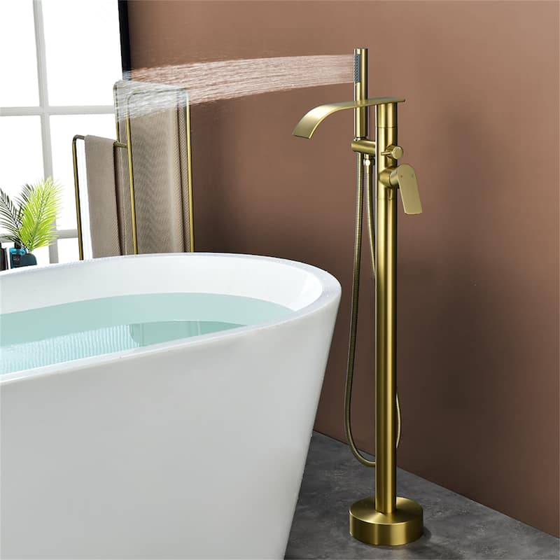 Waterfall Floor Mount Tub Faucet Brushed Gold Modern Single Handle Freestanding Bathtub Filler
