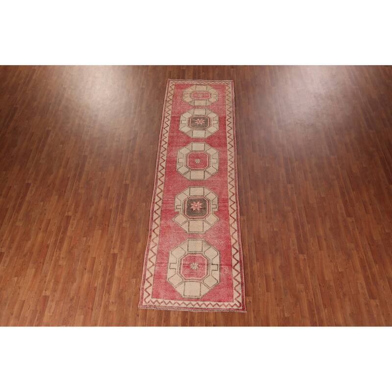 Pink & Red Geometric Anatolian Turkish Runner Rug Handmade Wool Carpet - 3'9"x 12'6"