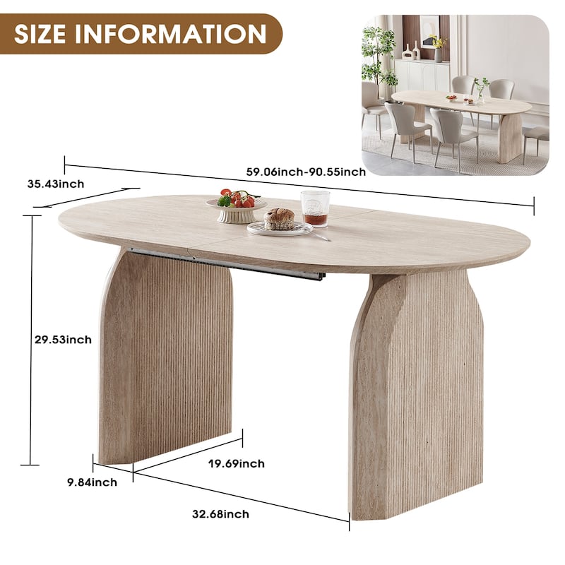Wood Extendable Dining Table, Modern Oval Kitchen Table with Stylish Dual - Pillar Design - Natural Wood