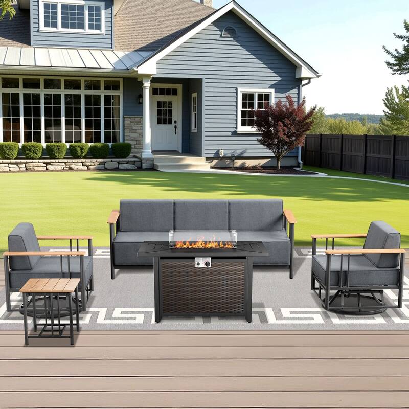 Pocassy 5PCS Sofa Chair Table with Fire Table - Black & Dark Grey Cushion - 5PCS Sofa Chair Table with Fire Table