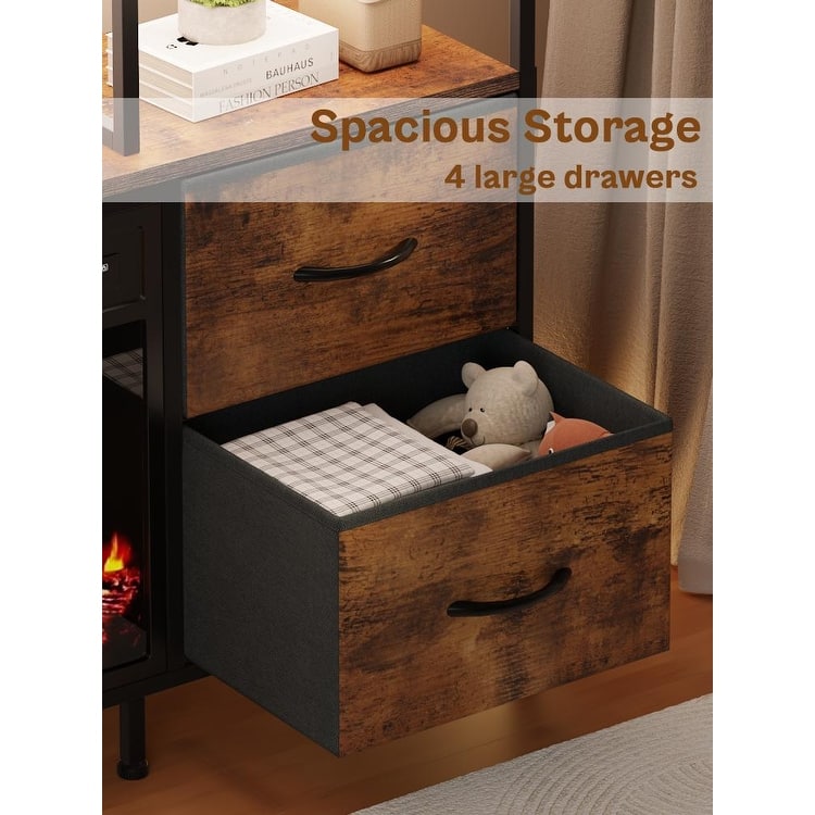 BOSSIN Fireplace TV Stand & Entertainment Center with LED Lights, 4 PU Leather Drawers, Open Shelves, and Built-in Power Outlets