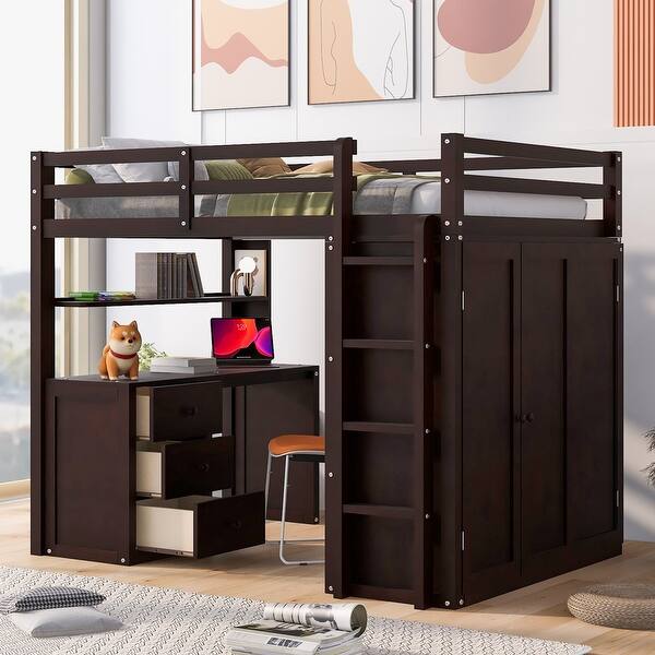 slide 2 of 9, Full Size Loft Bed in Wood with 3 Drawers, Desk & Wardrobe Espresso