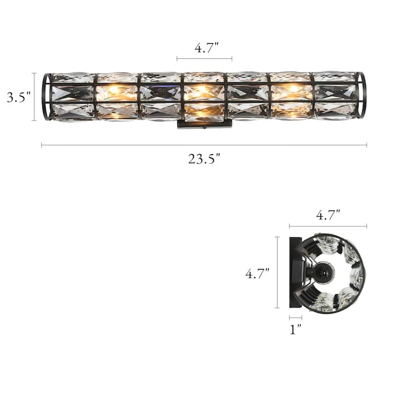 Aulia Modern Crystal 3-Light Glass Wall Sconces Black Bathroom Vanity Lights - 23.5'' L x 3.5'' W x 3.5'' H