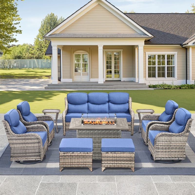 Pocassy 10 Pieces Outdoor 6 Inch Sofa Swivel Chair Ottoman with Fire Table - Blue cushion - Gray Wicker
