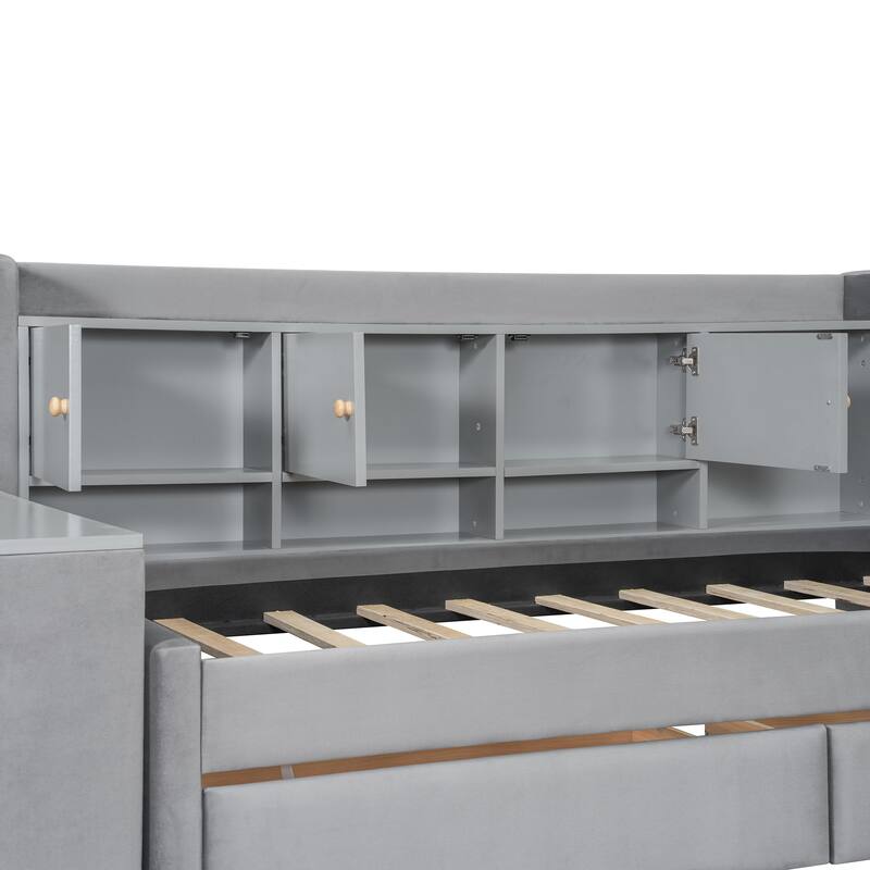 Twin Upholstered Daybed with Drawers, Shelves, Flip Cabinets & Side Table in Gray