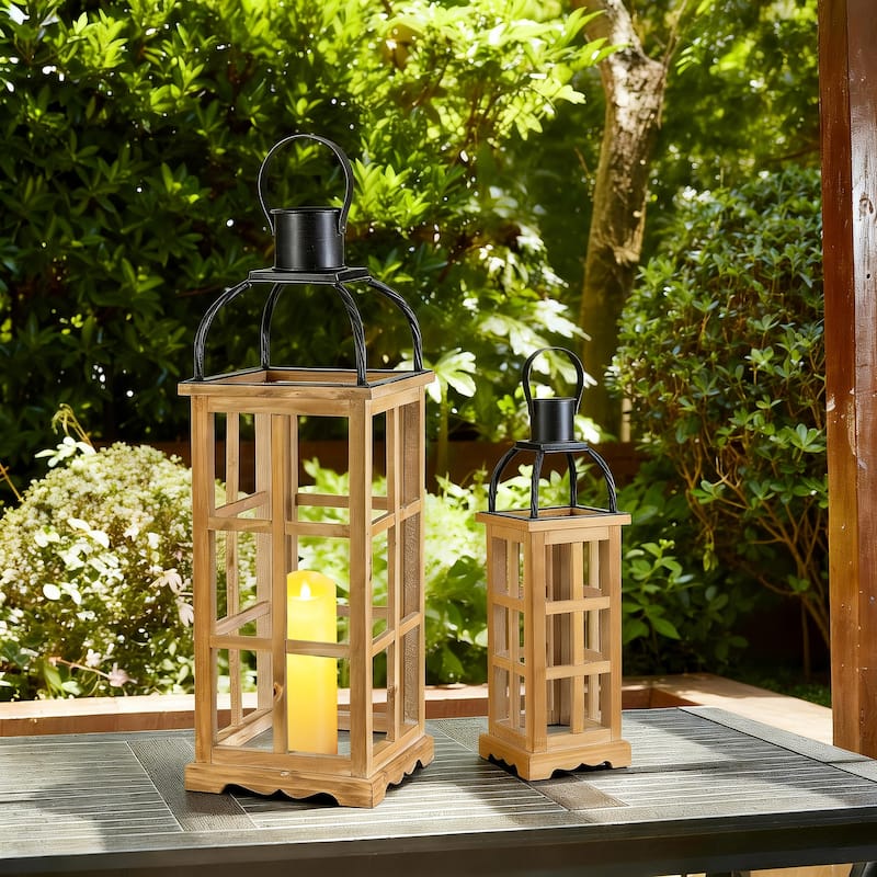 Glitzhome Farmhouse Wooden Metal Cage Candle Holders Patio Hanging Vintage Lanterns (Set of 2)