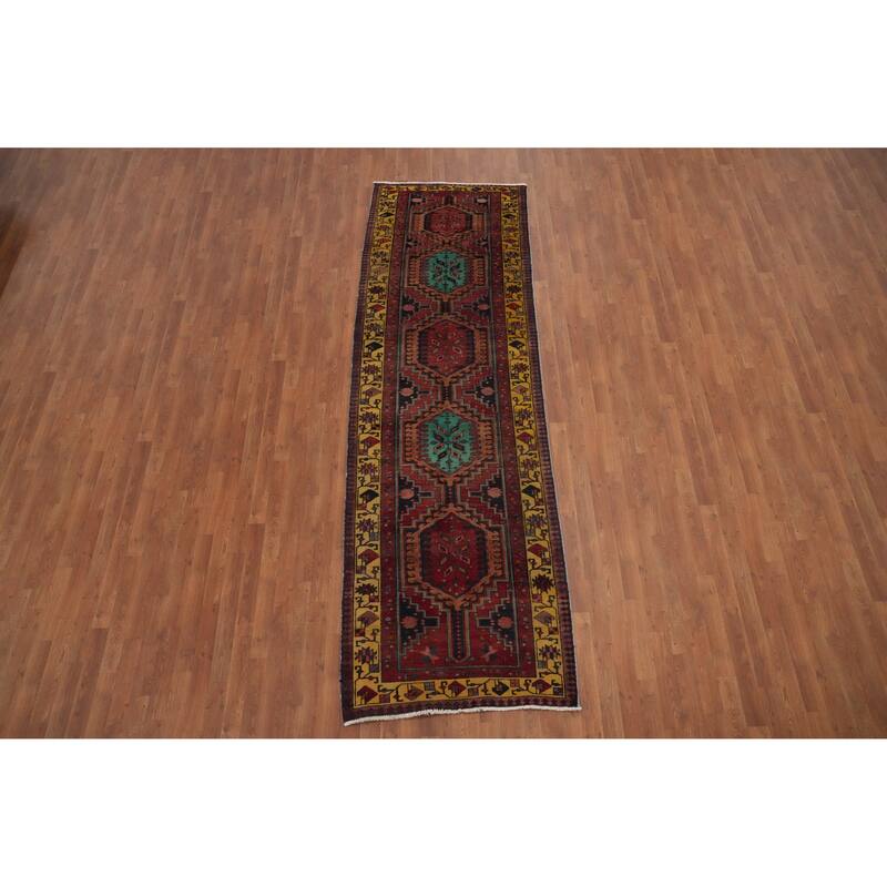 Hand Knotted Oriental 100% Wool Carpet Traditional Geometric Multi-Colored Heriz Runner Rug - 10' 10'' X 3' 5''