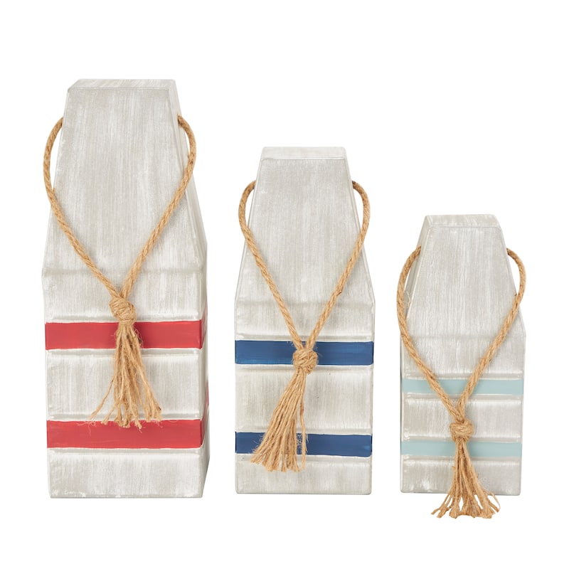 Gray or White Metal Striped Buoy Sculpture with Rope Handles (Set of 3)
