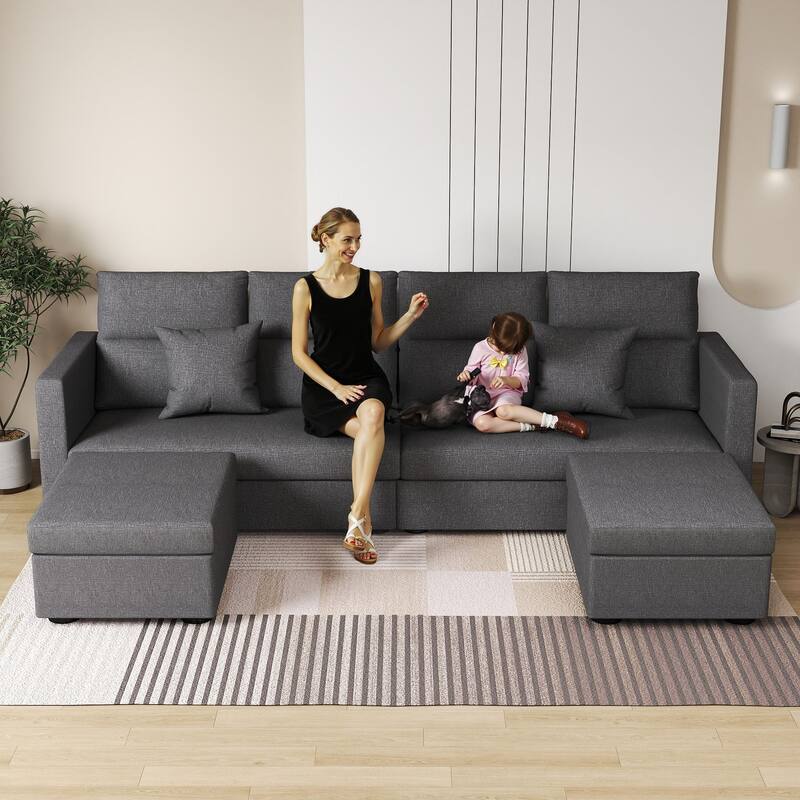 Grey Modular Sectional Sofa with Pillows for Living Room