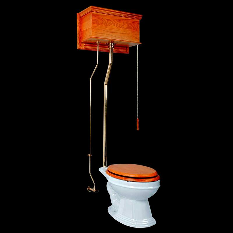 High Tank Toilet - Light Oak Flat High Tank, Brass L Pipe and Elongated White Bowl Renovators Supply