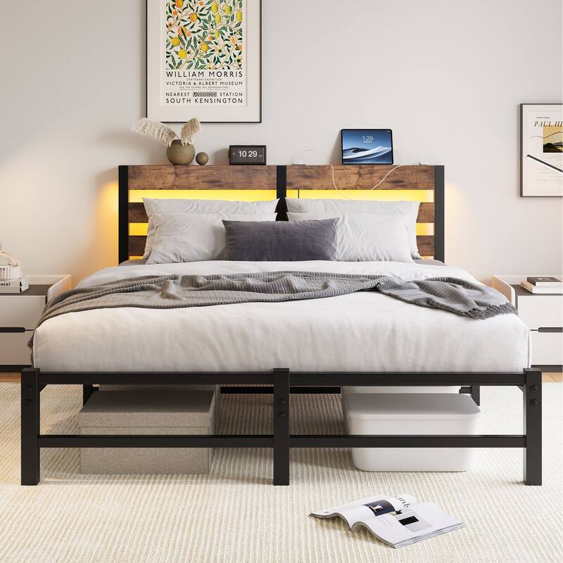 Metal Frame Platform Bed with USB Charging Station