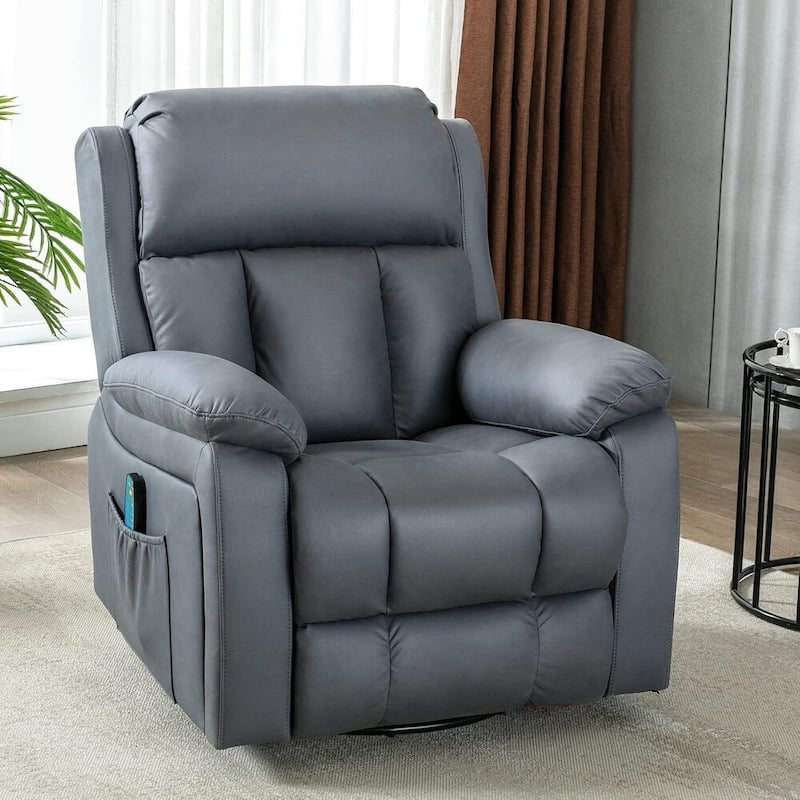 Heated 360° Swivel Massage Recliner Chair - Luxury PU Leather Reclining Sofa with Side Pocket for Living Room - Updated - Bluish Gray