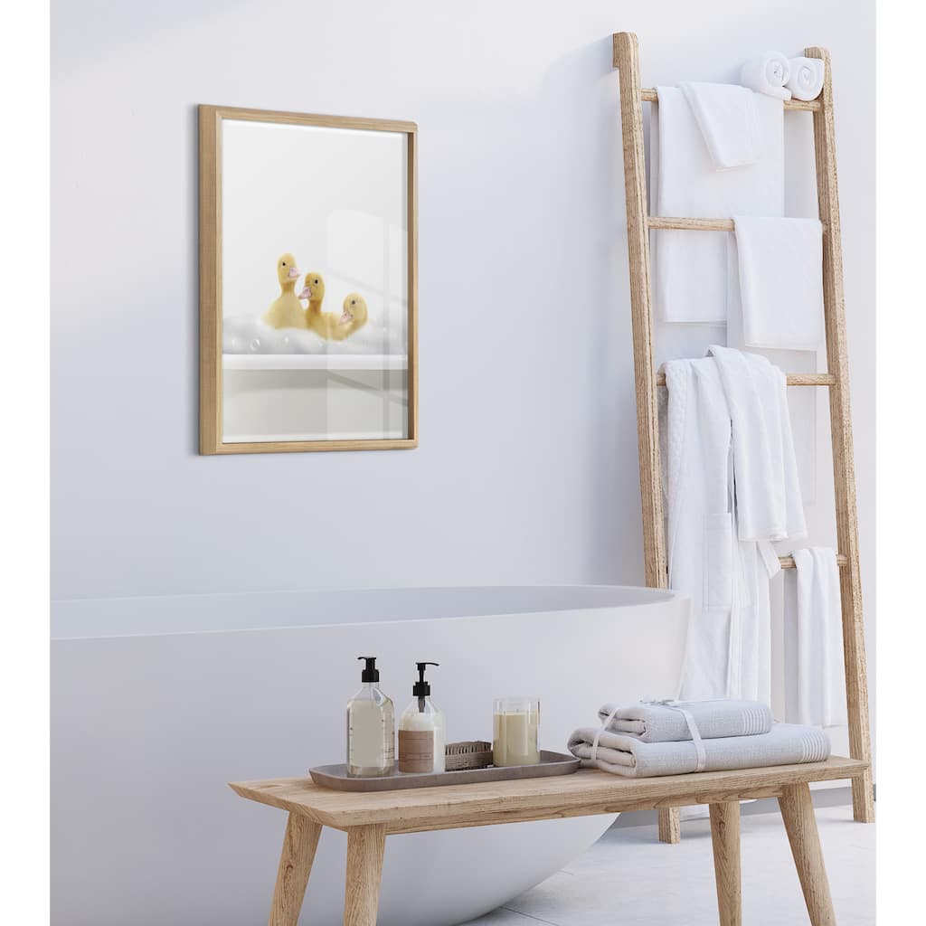 Kate and Laurel Blake Bathroom Bubble Bath 3 Ducks Framed Printed Glass by The Creative Bunch Studio - Natural