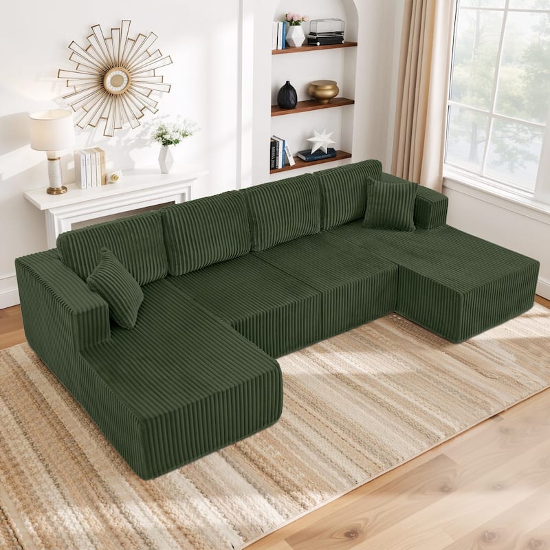 U-Shaped Modular Sectional Sofa with Dual Chaise Lounges, Oversized Corduroy Boneless Couch, Compressed Sofa with Pillows - Green