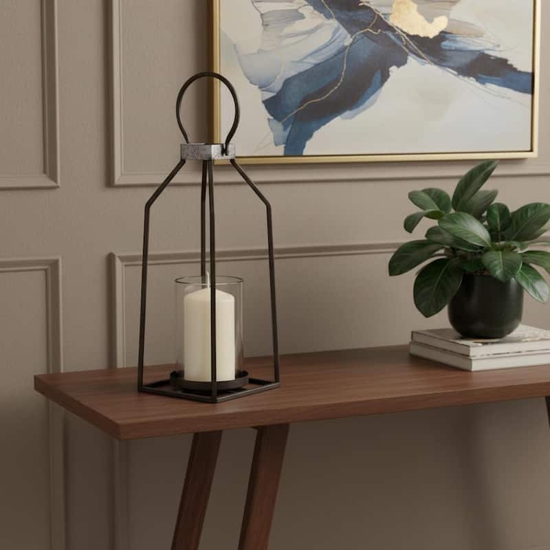 16" Black Distressed Geometric Metal And Glass Tabletop Votive Candle Holder - Black