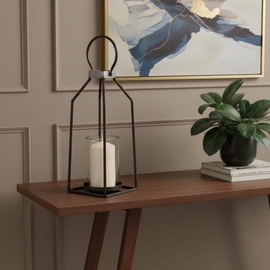 16" Black Distressed Geometric Metal And Glass Tabletop Votive Candle Holder