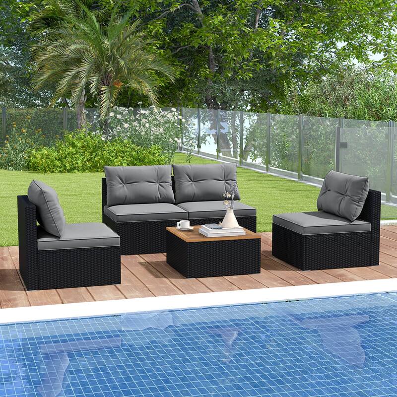 Costway 5 Piece Outdoor Furniture Set with Seat & Back Cushions Acacia - See Details - Grey