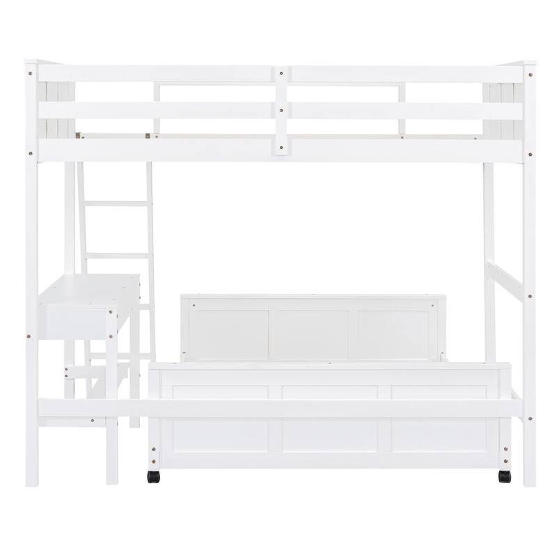 Twin Loft Bed, Full Platform Bed with Wheels, Twin Over Full Bunk Bed with Writing Desk, Ladder, Guardrail and 2 Drawers