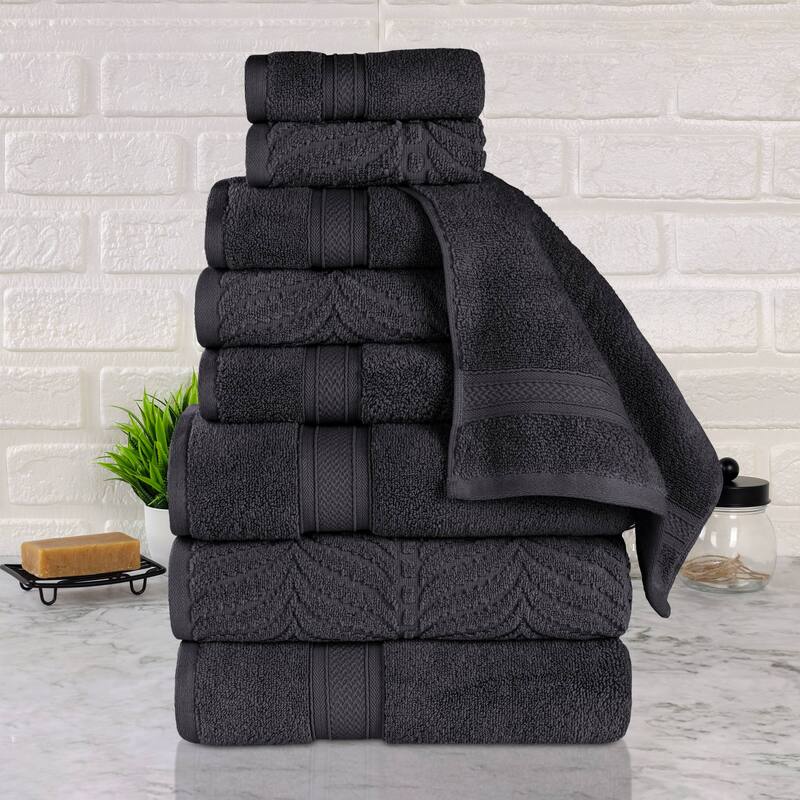 Superior Chevron Zero Twist Solid and Jacquard Cotton 9 Piece Towel Set - Black