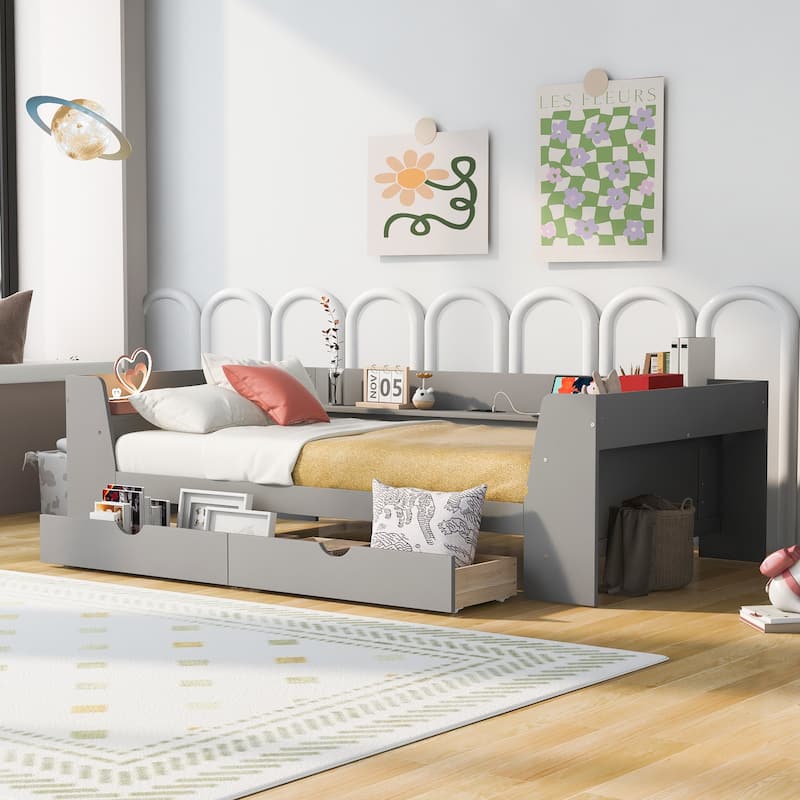 Daybed with Shelves, Drawers and Built-In Charging Station - Grey