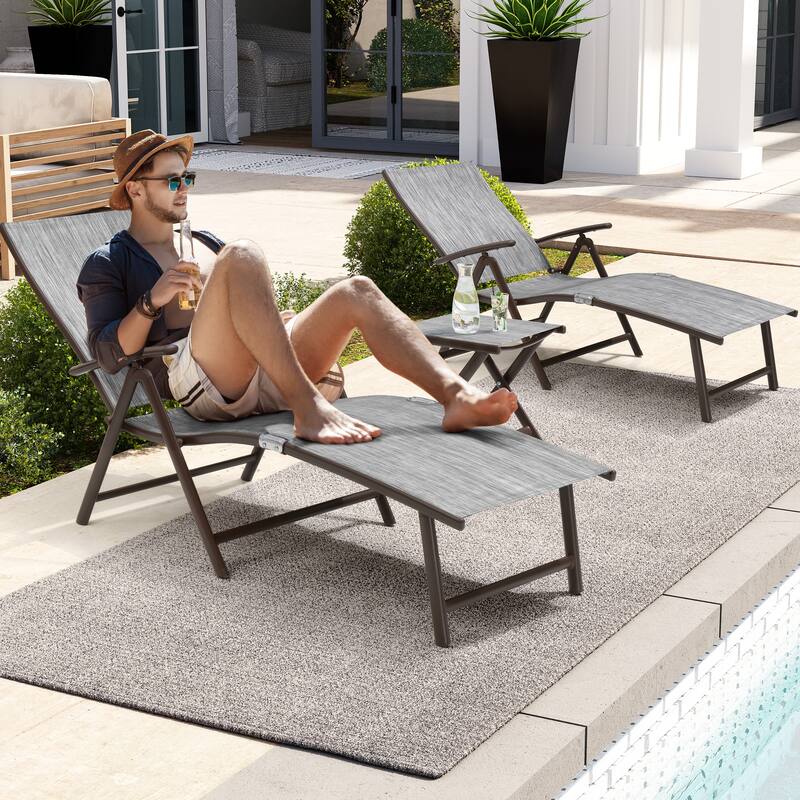3-Pieces Outdoor Chaise Lounge Set Aluminum Adjustable Foldable Chaise Lounge Chairs and Side Table
