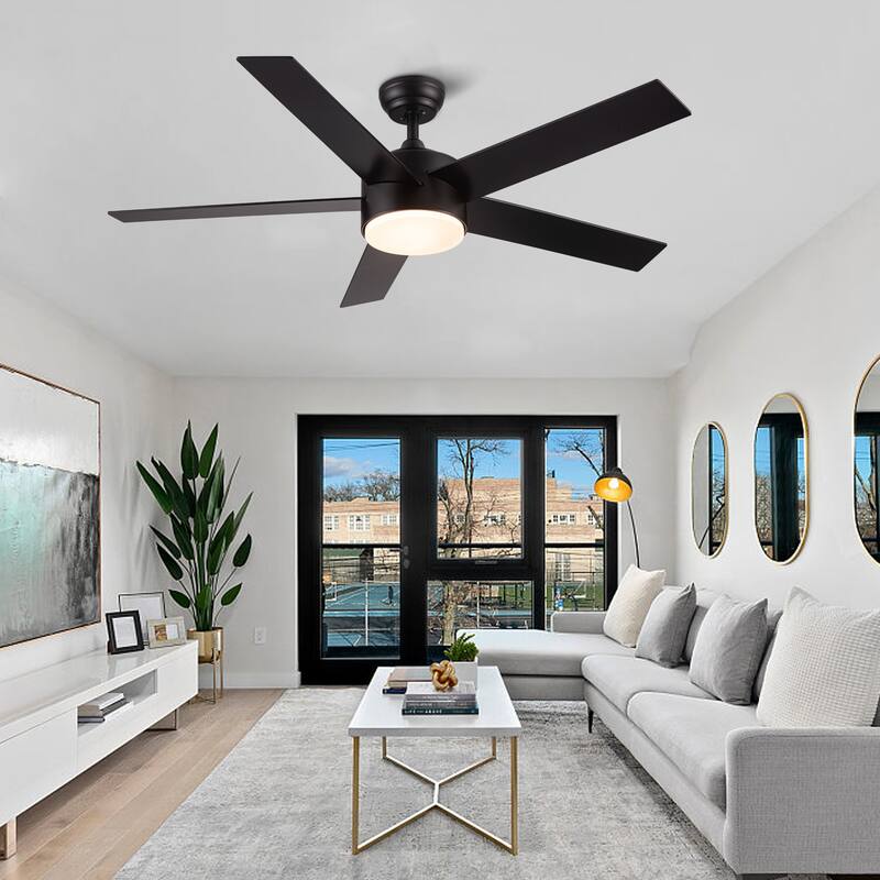 52 in.Outdoor Integrated Light Kit Glam Matte Black Ceiling Fan with 5 Revesible Plywood Blades, Remote Control - 52 INCHES