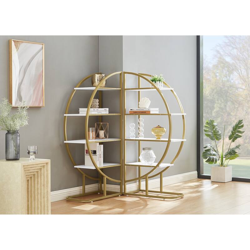 Roomfitters 4-Tier Round Bookshelf for Home Office, Open Shelf with Gold Frame and MDF Board, Multiple Placements, Golden+White