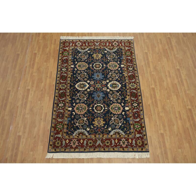 Hand Knotted Oriental 100% Wool Carpet Traditional All-Over Navy Blue & Blues Agra Area Rug - 9' 1'' X 6' 1''