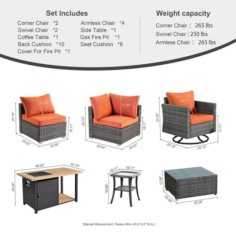 OVIOS Deep Seat Wicker 11-piece Sectional Set Swivel Chairs Fire Pit