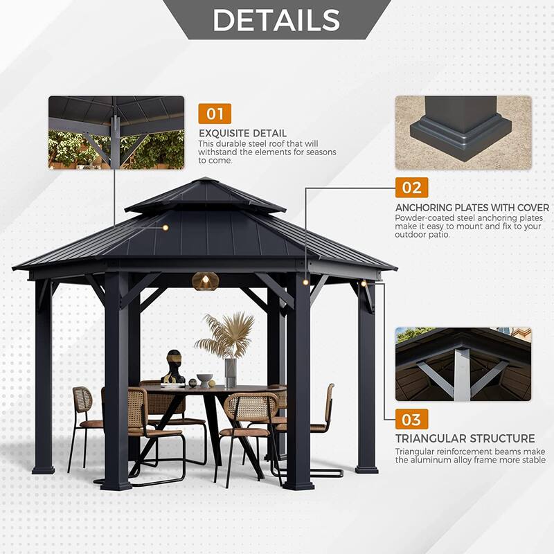 Outdoor Pro Series Galvanized Steel Hardtop Patio Gazebo Pergola w/Aluminum Frame, Prime Curtains and nettings include