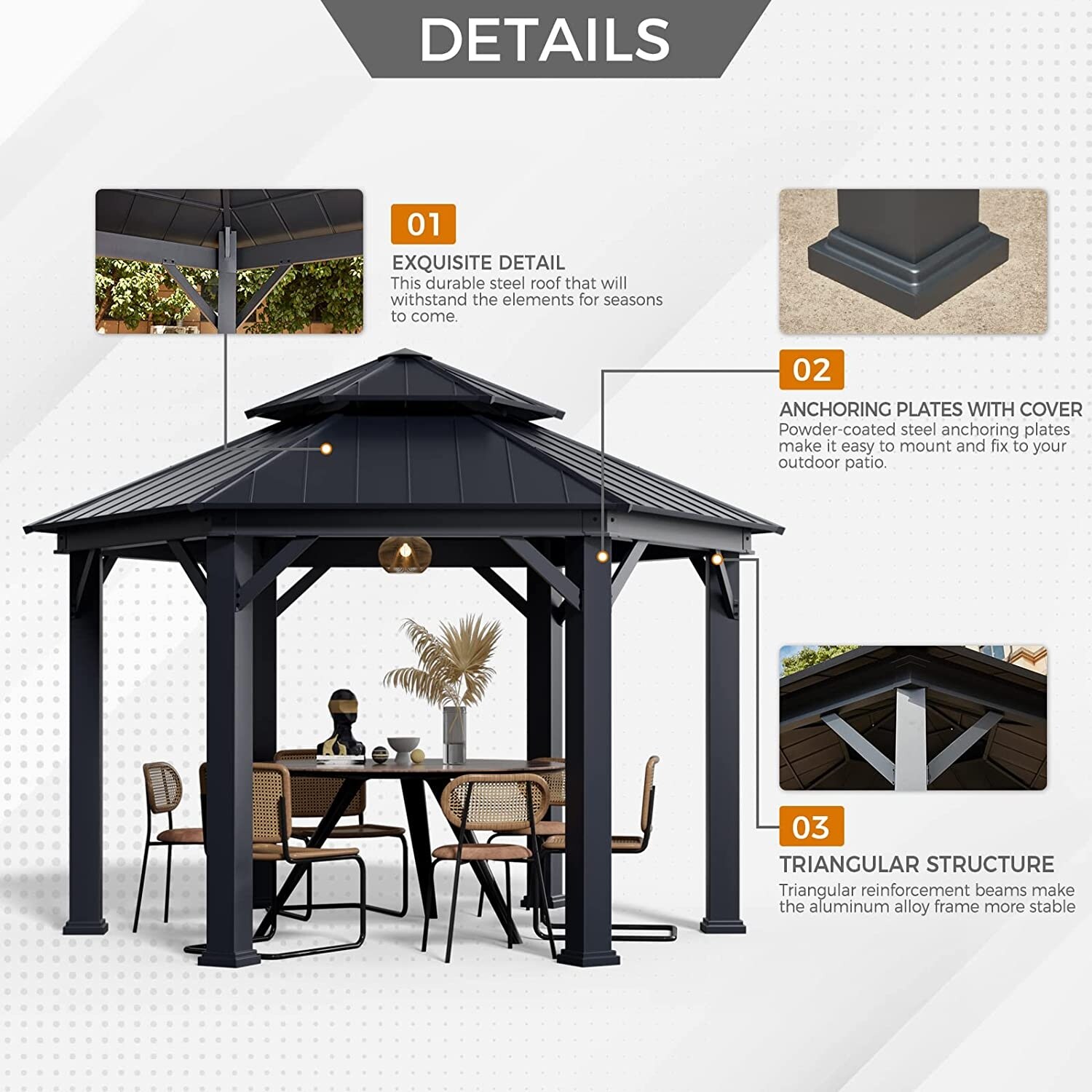 Outdoor Hardtop Gazebo Pergola w Galvanized Steel Roof and