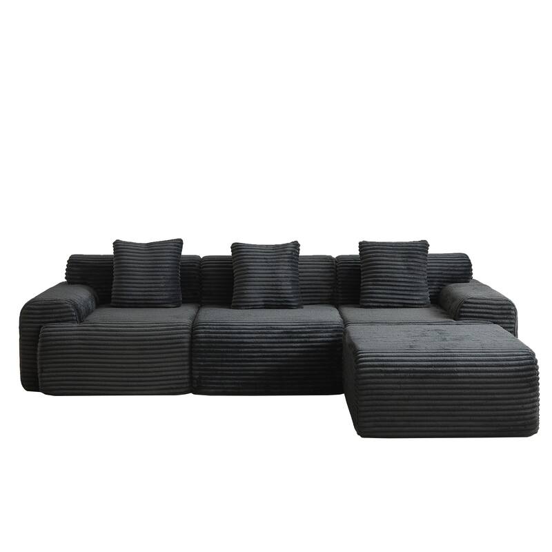 Inlaid Structural Sleeper Sectional Sofa Bed with Ottoman, Corduroy Modular Boneless Couch with Wider Armrests and Backrests