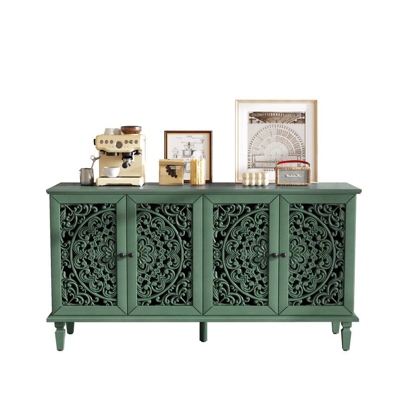 60" Antique Buffet Cabinet with Floral Carvings with Solid Wood Legs&Antique Brass Handles&Adjustable Shelves, TV Stand