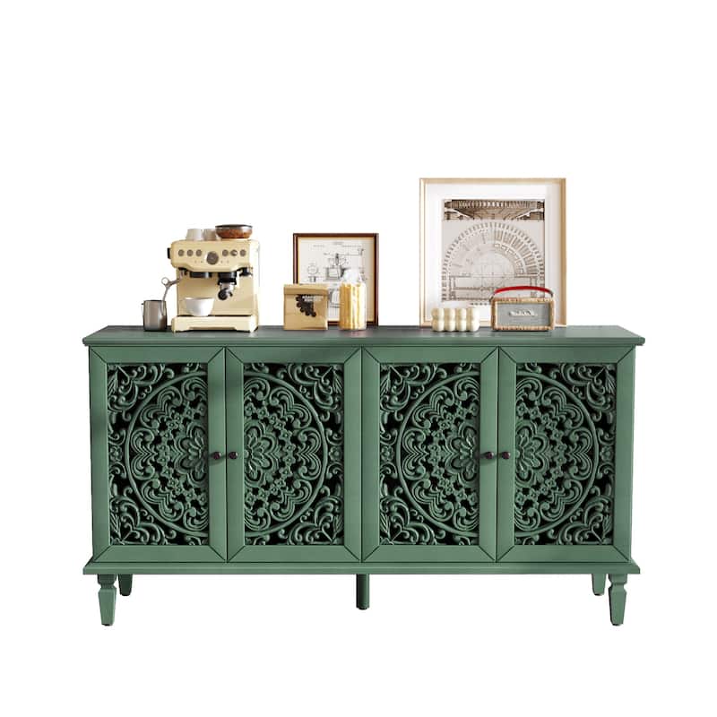 TV Stand Sideboard, Buffet Cabinet with Floral Carvings, Wood Storage Cabinet with Adjustable Shelves