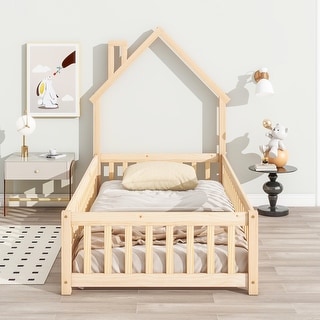 Twin Size Montessori Floor Bed with Fence and Door, House-Shaped Headboard Floor Bed, Wooden Twin Kids Bed Frame for Boys Girls