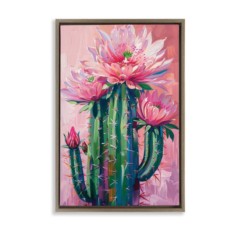 Stupell Pink Blossomed Cactus Framed Floater Canvas Wall Art Design By LSR Design Studio - 17 x 25 - Brown