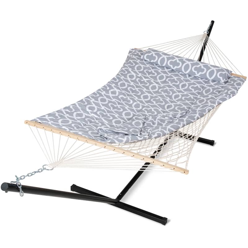 Double Hammock with Stand, Two Person Cotton Rope Hammock - 147.6(L)*52(W)*47.6(H) - Light Gray