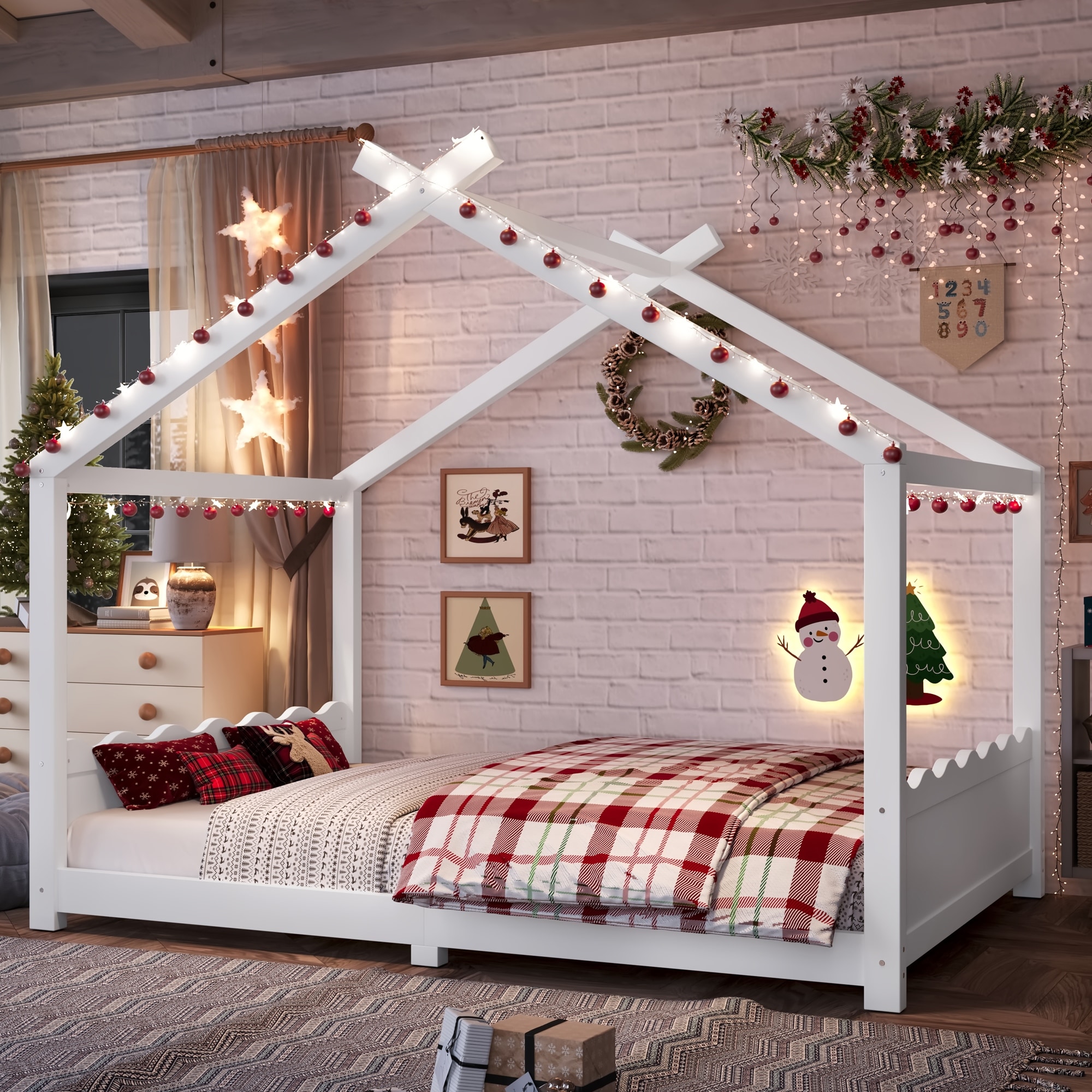 Kids House Bed Frame, Solid Wood Floor Bed with Slat Support, Queen/Full/Twin, No Box Spring Needed,