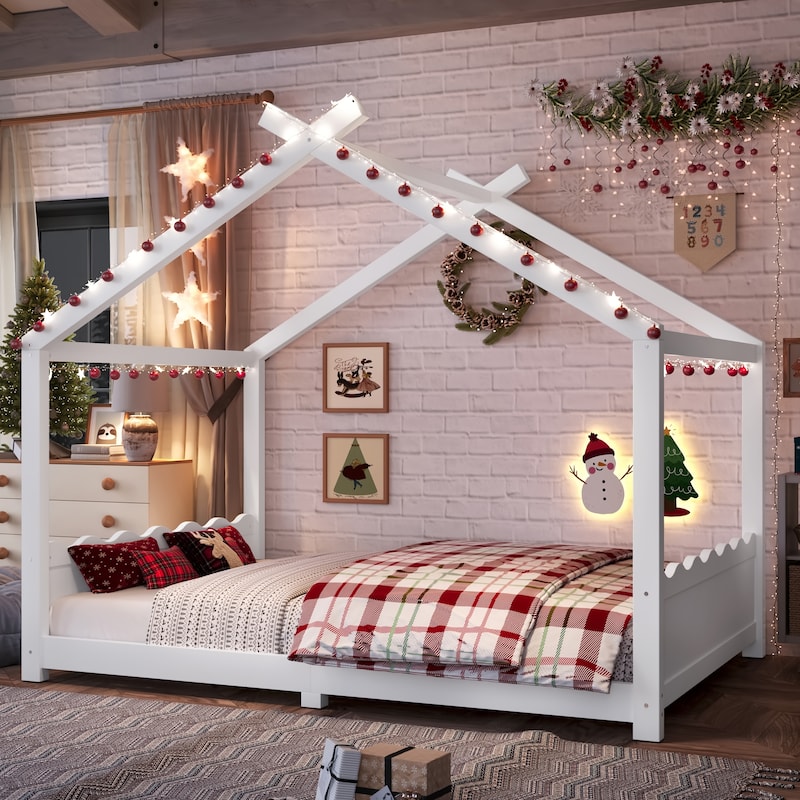 Queen/Full/Twin Solid Wood House Floor Bed, No Box Spring Needed - White - Full