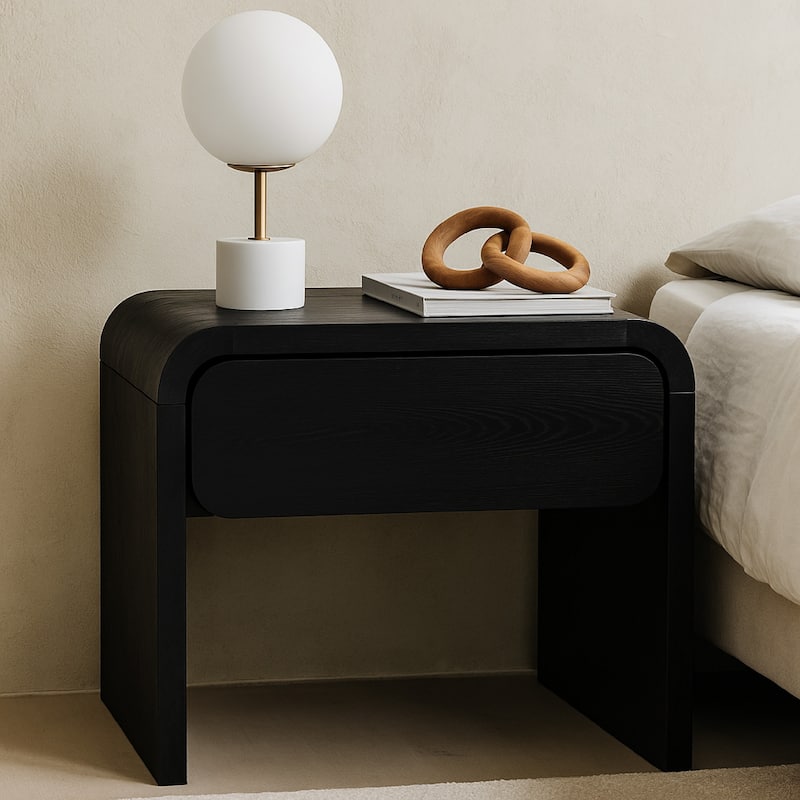 Cave 26 Inch Nightstand, Curved Side Panel, 1 Drawer, Black Wood Finish.