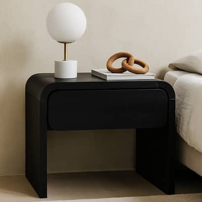 Cave 26 Inch Nightstand, Curved Side Panel, 1 Drawer, Black Wood Finish.