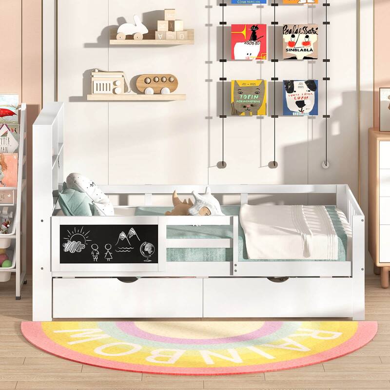 Costway Twin/Full Size Bed Frame with 2 Drawers Bookcase & Blackboard