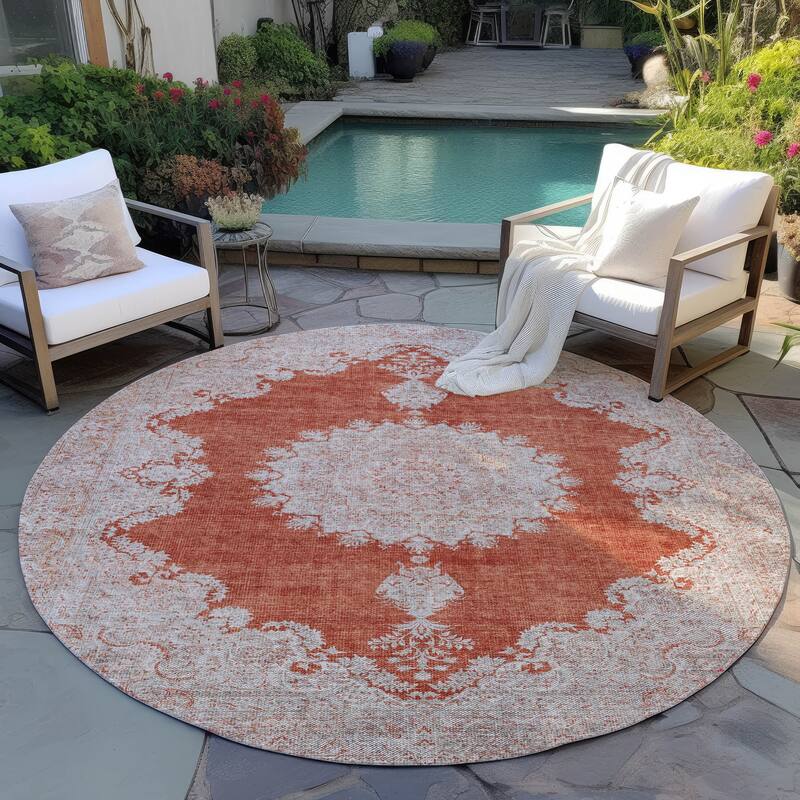 Machine Washable Indoor/ Outdoor Vintage Traditional Chantille Rug - Rust - 8' x 8'