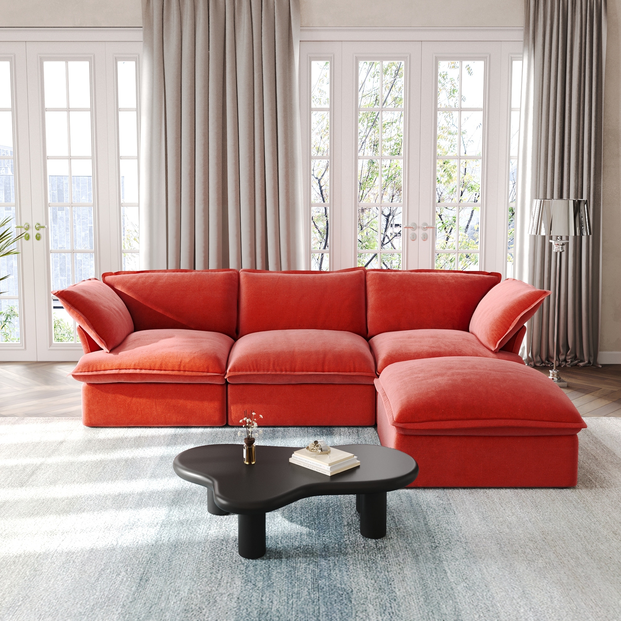 122'' L Shape Velvet Sectional Sofa, Deep Couch Sectional Couches with Chaise Ottoman