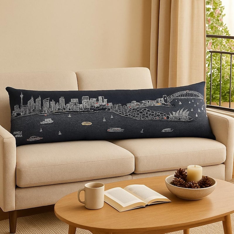 HomeRoots 14" X 46" Dark Gray And White Sydney Nighttime Skyline Lumbar Decorative Pillow