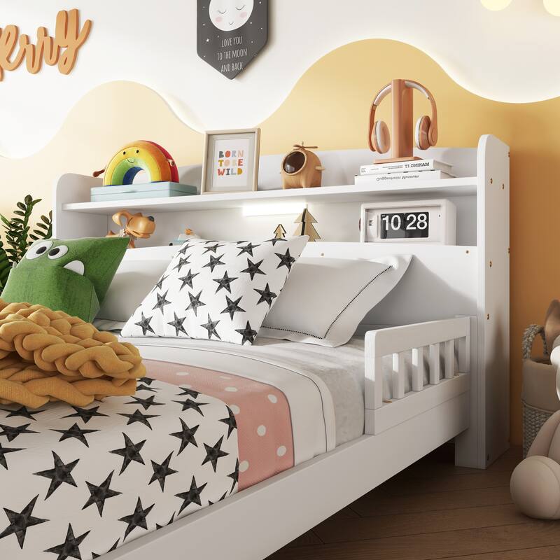 Full Pine Wood Bed with Bookcase Headboard, LED Motion Sensor Light & Bed Guardrails in White