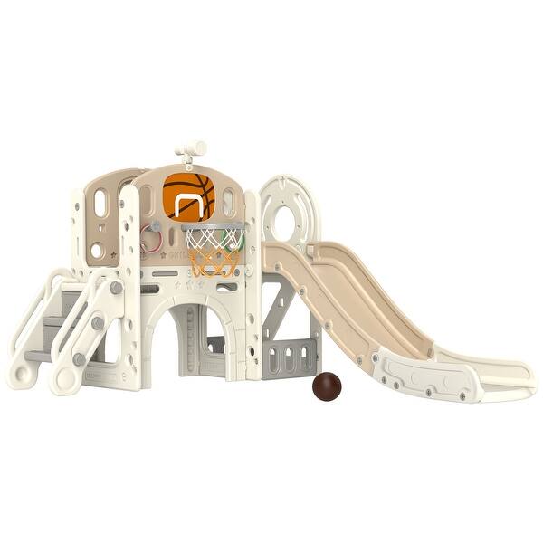 slide 2 of 9, 7-in-1 Toddler Slide Playset, with Ring Toss, Basketball Hoop, Telescope, Playground with Climber, Storage Space, Crawl Tunnel Cream White