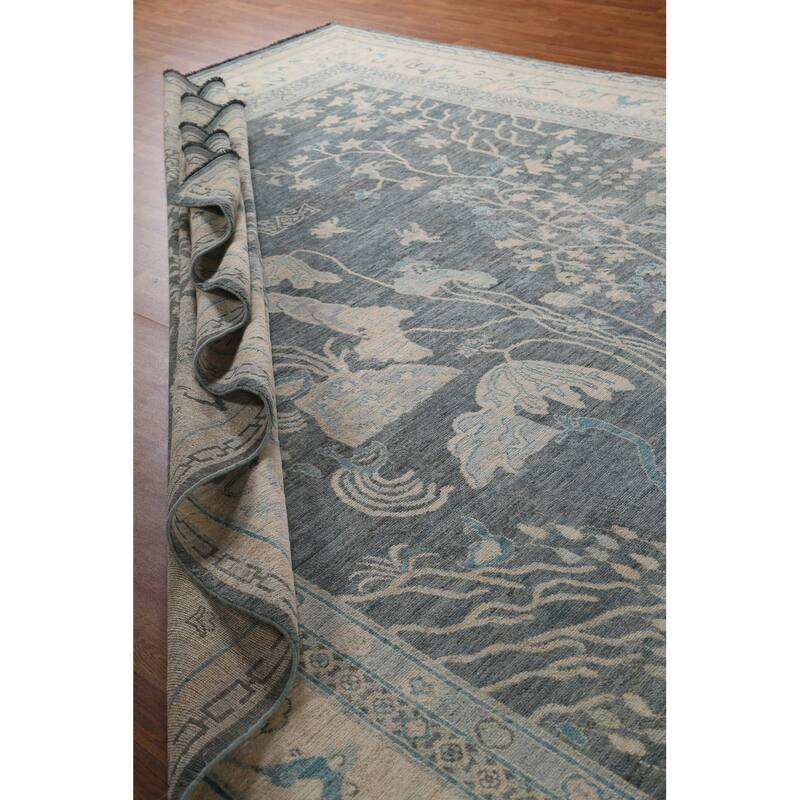 Hand Knotted Oriental 100% Wool Carpet Traditional Floral Greys & Charcoal Art Deco Area Rug - 14' 0'' X 9' 10''