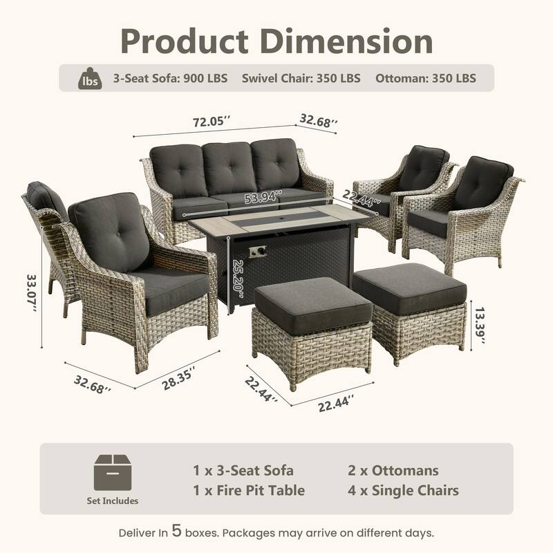 HOOOWOOO 8-piece Wicker Patio Ergonomic Conversation Set with 54" Fire Pit