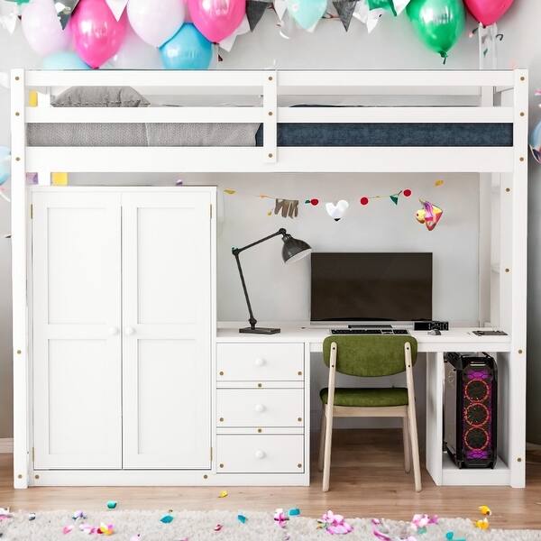 slide 2 of 35, Wooden Loft Bed with Built-in Desk,A Wardrobe,Three Drawers,an Open Storage Cabinet,Twin Size White